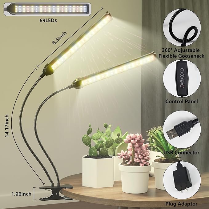 GHodec Clip-on Grow Light, 5000K Full Spectrum White Red Blue 138 LED Plant Lamp, 5 Dimmable Levels & Timer Setting 4/8/12/18H