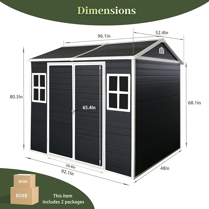 8x4ft Resin Outdoor Storage Shed with Floor and 2 Windows, Plastic Sheds & Outdoor Storage Clearance for Patio Furniture,GardenTools, Bike Accessories and Lawn Mower