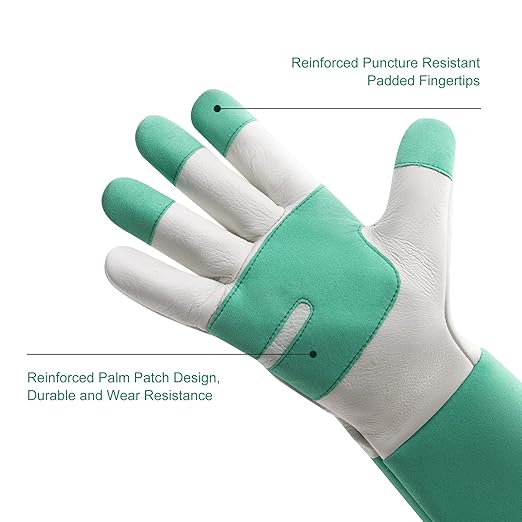 HLDD HANDLANDY Leather Gardening Gloves for Women & Men - Long Sleeve Rose Pruning, Thorn Proof Garden Work Gauntlet, Animal Handling (Large, Green)