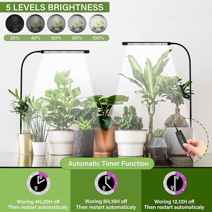 Grow Lights for Indoor Plants, 6000K Full Spectrum Plant Growth Light, Plant Lights for Indoor Growing with 5 Level Dimmable & Auto Timer, Adjustable Gooseneck Grow Lamp, 1 Pack