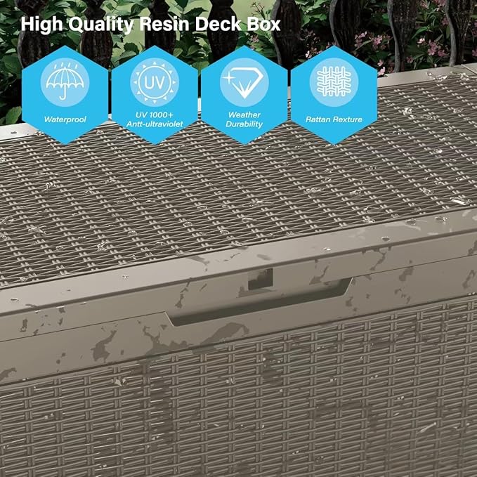 100 Gallon Waterproof Large Resin Deck Box Indoor/Outdoor Lockable Storage Container and Seating for Garden, Pool, and Patio (100 Gallon, Grey)