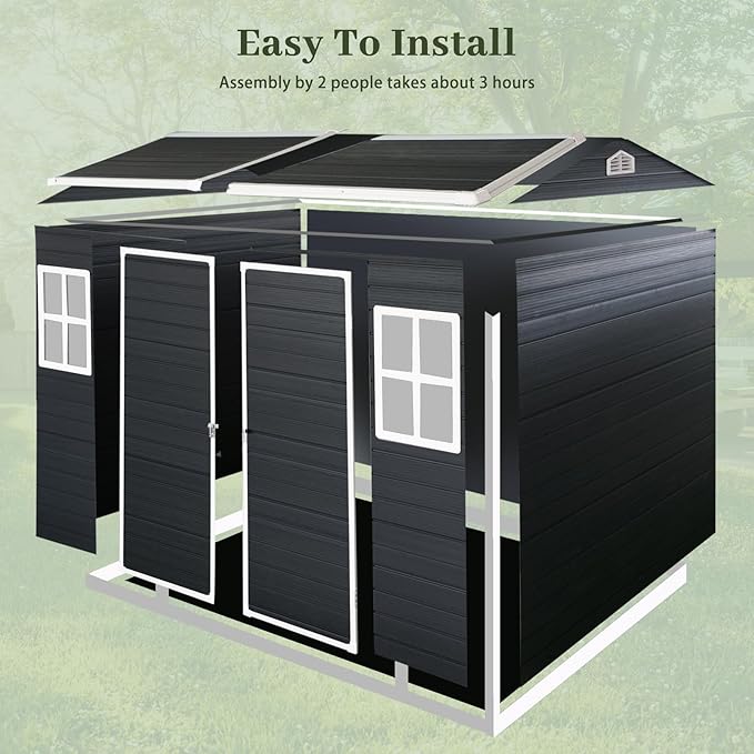 8x4ft Resin Outdoor Storage Shed with Floor and 2 Windows, Plastic Sheds & Outdoor Storage Clearance for Patio Furniture,GardenTools, Bike Accessories and Lawn Mower