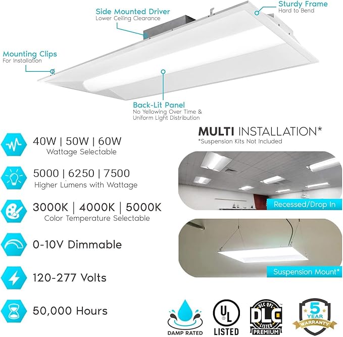 2x4 FT Center Basket LED Troffer Panel Light, 40/50/60W, 3 Color Options 3000K | 4000K | 5000K, Dimmable Drop Ceiling Lights, 5000/6250/7500 Lumens, Damp Rated, 120-277V, DLC Premium (4 Pack)