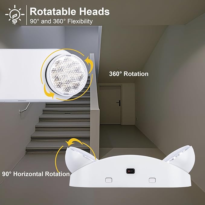 GRUENLICH LED Emergency Light with Battery Backup, 2 Adjustable Bug Eye Heads Lights, US Standard, AC 120-277V, Hardwired Commercial Emergency Exit Light for Business, 2-Pack