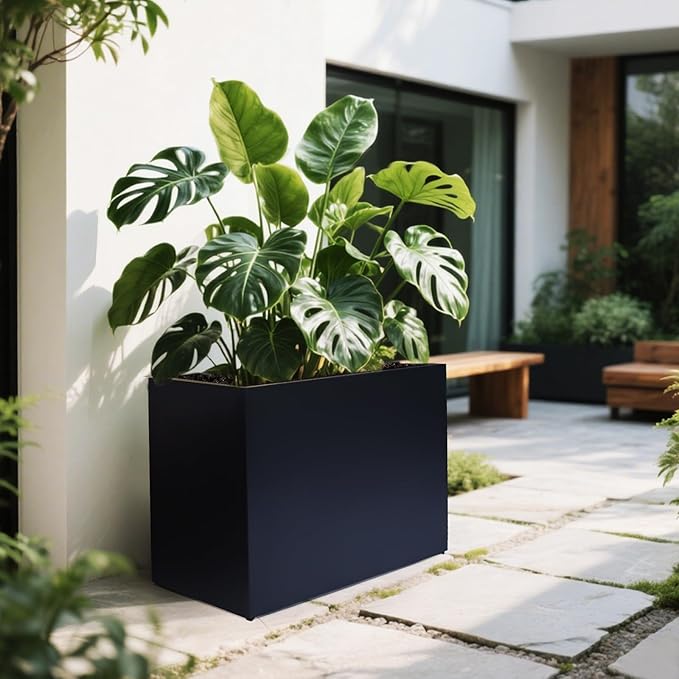 Metal Planter Box Rectangular Block - Modern Outdoor Galvanized Steel Long Box Planters All-Weather Use with Drainage Holes for Patio/Porch, 35.5×24×12IN