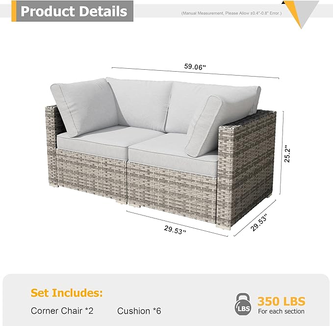 HOOOWOOO Patio Sectional Furniture Set,2 Piece Couch Set with 2 Matching Corner Chairs(Orange Red)