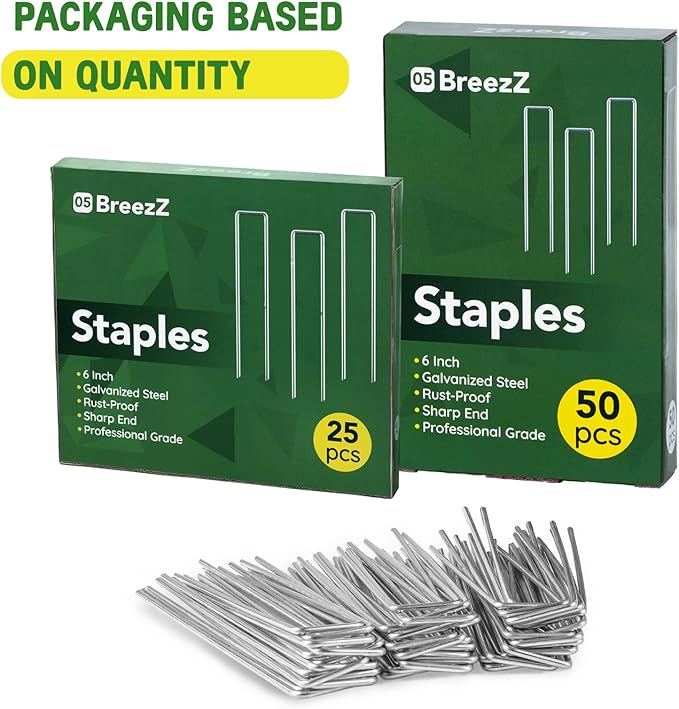 Breezz 50 Pack Garden Staples 6 Inch 12 Gauge Galvanized Pins, Heavy-Duty Ground Stakes for Weed Barrier, Irrigation Tubing, Yard Fabric, Halloween & Christmas Decoration Anchoring