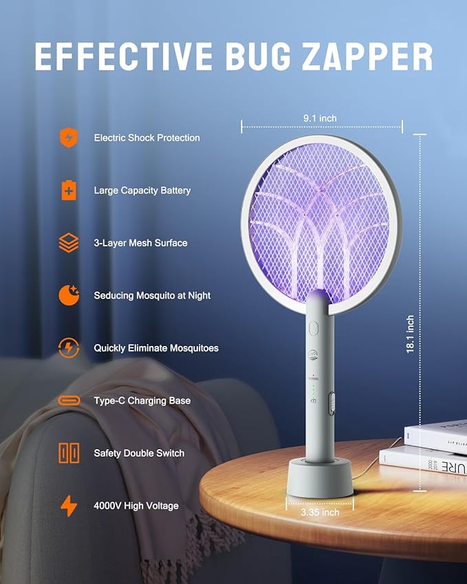 Electric Fly Swatter Racket, Mosiller 2 in 1 Smart Bug Zapper & Power Take Off Generators with USB Rechargeable Base, Powerful Mosquitoes Trap Lamp & Fly Killer for Home, Bedroom (Light GreyοΌ1 PackοΌ)