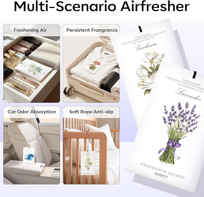 MYARO 12 Packs Scented Sachets for Drawer and Closet, Long-Lasting Sachets Bags Home Fragrance 6 Scents Option- Lavender, Rose, Jasmine, Ocean, Gardenia, Lily