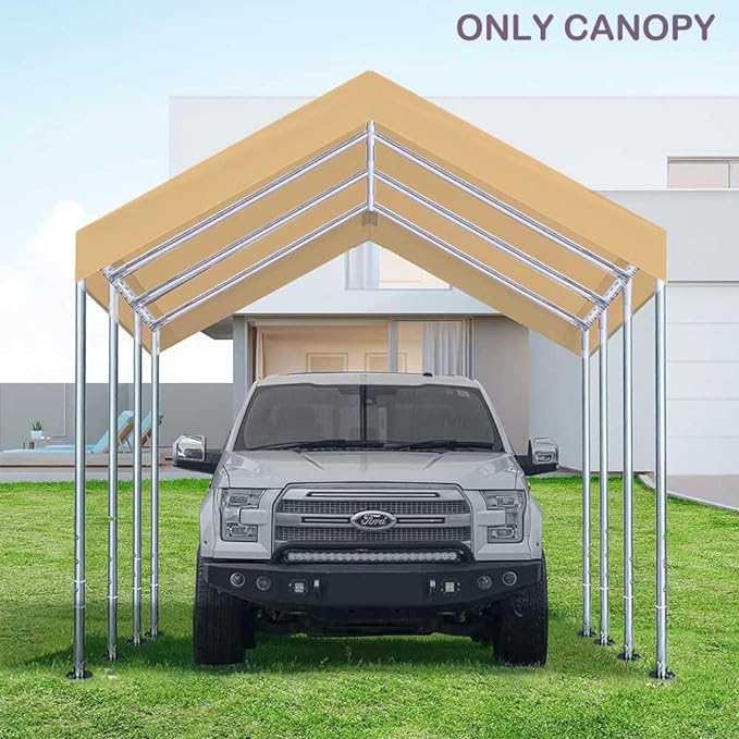 10'x20' Upgraded Carport Replacement Top Canopy Cover for Car Garage Shelter Tent Party Tent with Ball Bungees Beige (Only Top Cover, Frame is not Included)
