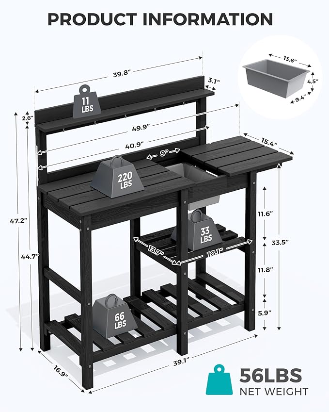 SERWALL Potting Bench Outdoor Potting Table with Sink, HDPE Potting Benches for Outside Gardening Table All Weather Use- Black