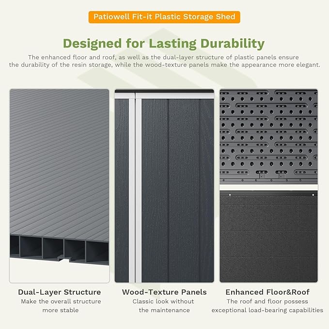 Patiowell Outdoor Storage Shed 5x3 FT, Plastic Garden Organizer Cabinet with Lockable Doors & Strong Roof for Patio Furniture, Pool Accessories, Lawn Tools, Dark Grey