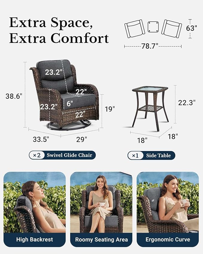 HILLGA Luxury Patio Furniture Set with 6-inch Thick Cushion, Outdoor High Back Swivel Rocker Patio Chairs, 3PCS Wicker Conversation Set for Deck Yard and Poolside, Dark Grey (V2)