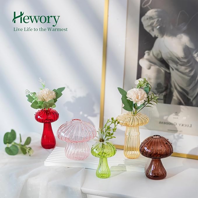 Mushroom Jars for Plants, Hewory 5pcs Colored Glass Mushroom Bud Vase for Flowers, Unique Plant Propagation Stations Propagating Vases Decor, Mini Cute Hydroponic Terrarium Planter for Indoor Planters