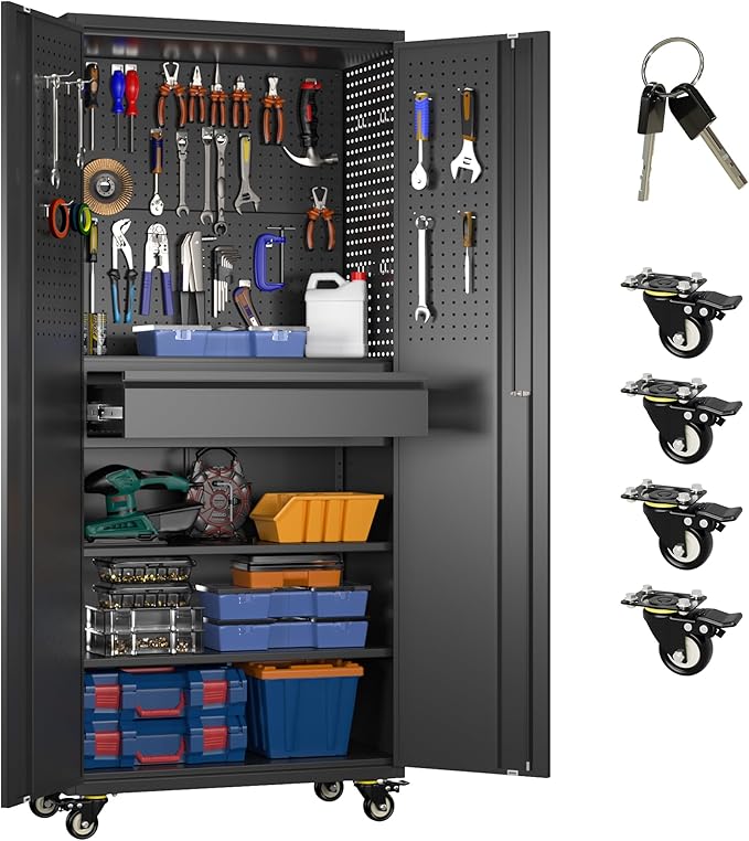 71" H*15" D*30" W Metal Garage Storage Cabinet with Wheels and Doors,Lockable Tool Storage Cabinet with Pegboard Hooks and Drawer for Garage Warehouse Home,Required Assembly,Black