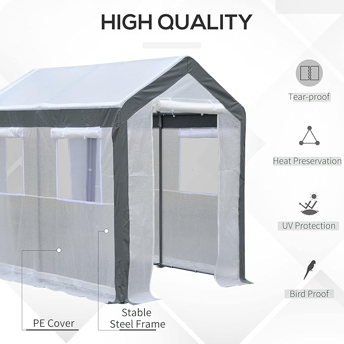 Outsunny 8' x 6' x 7' Walk-in Greenhouse, Outdoor Garden Warm Hot House with 4 Roll-up Windows, 2 Zippered Doors and Weather Cover, White