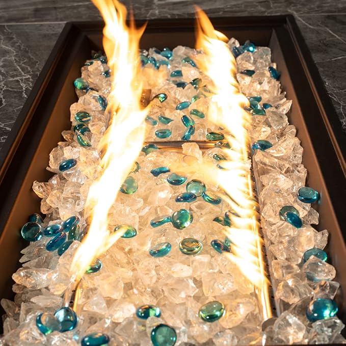 44in Outdoor Propane Gas Fire Pit Table, 50,000 BTU Auto-Ignition Gas Firepit with Glass Wind Guard, Marble Tile Tabletop, Mixed Color Glass Rocks, Brown PE Rattanā¦