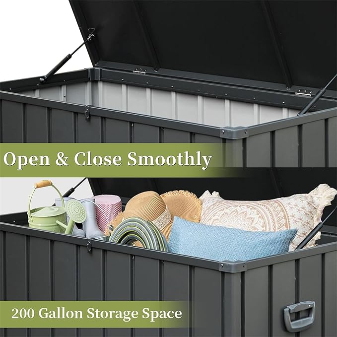 KUIKUI 200 Gallon Deck Box Waterproof, 200 Gallon Outdoor Storage Box, Metal Deck Box Waterproof for Pool Patio Cushions and Sports Pools Equipment, Dark Gray