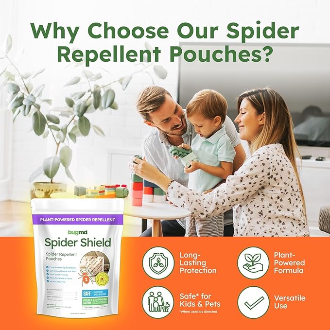 BugMD Spider Shield Repellent Pouches (4 Pack, 16 Pouches) Plant-Based Indoor & Outdoor Spider Repellent | Safe for Pets & Family | Natural Citronella, Rosemary & Lemongrass Oils