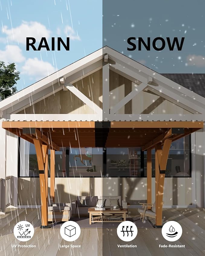18.3 x 12.6 x 7.7 FT Curved Carport, Wood Outdoor Gazebo Pavilion with Hardtop Sloped Steel Roof, Heavy Duty Waterproof Car Port for Backyard, Patio, Deck and Lawn