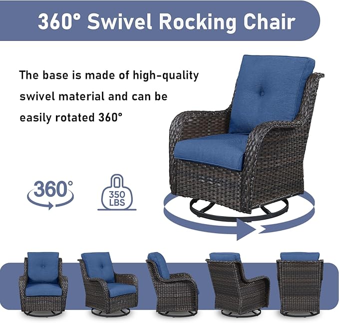 Wicker Outdoor Conversation Set-6 Pieces Outdoor Wicker High Back Couch with Swivel Rocker Chairs Patio Furniture for Deck Poolside Backyard-Brown/Blue