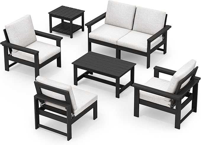 SERWALL HDPE Patio Furniture Set, 7-Piece Outdoor Sectional Sofa Set, All Weather Outdoor Couch Set for Deck, Lawn, Black Frame with Khaki Cushion