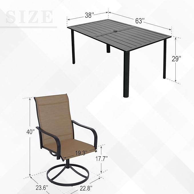 7-Piece Outdoor Dining Set, 6 Swivel Chairs & 63'' Rectangular Dining Table with All Weather Frame Furniture Set -Brown Style2