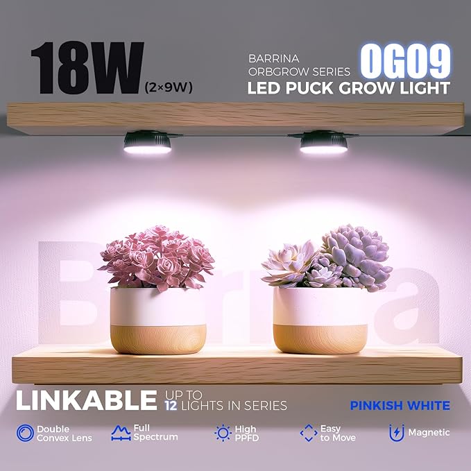 Barrina Orbgrow OG09 Puck Grow Light with Timer, Pinkish White 18W(2 x 9W, 270 Watt Equiv), Full Spectrum Plant Light for Indoor Plants, Magnetic & Linkable, 5 Levels Dimmable, 2 Packs, Black