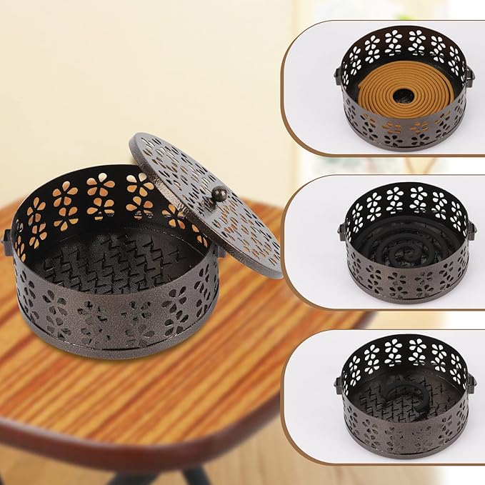Portable Iron Mosquito Coil Holder with Handle Round Heat-Resistant Incense Holder for Home Office Camping (Bronze)