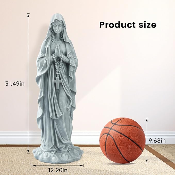 Virgin Mary Praying Statue 31.49 Inch Tall Outdoor Garden Religious Garden Outdoor Yard Patio Deck Home Entryway Hallway Sculpture Magnesium Oxide Stone (Grey Virgin)