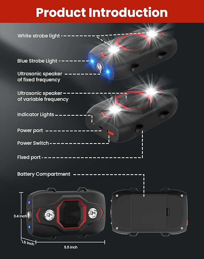 2 Pack Ultrasonic Rodent Repellent for Car Engines, Under Hood Mouse Repellent with 4 LED Strobe Lights, USB Powered, Keep Rats, Mice and Squirrels Away from Vehicles, RVs, Garages, Attics (2, Black)