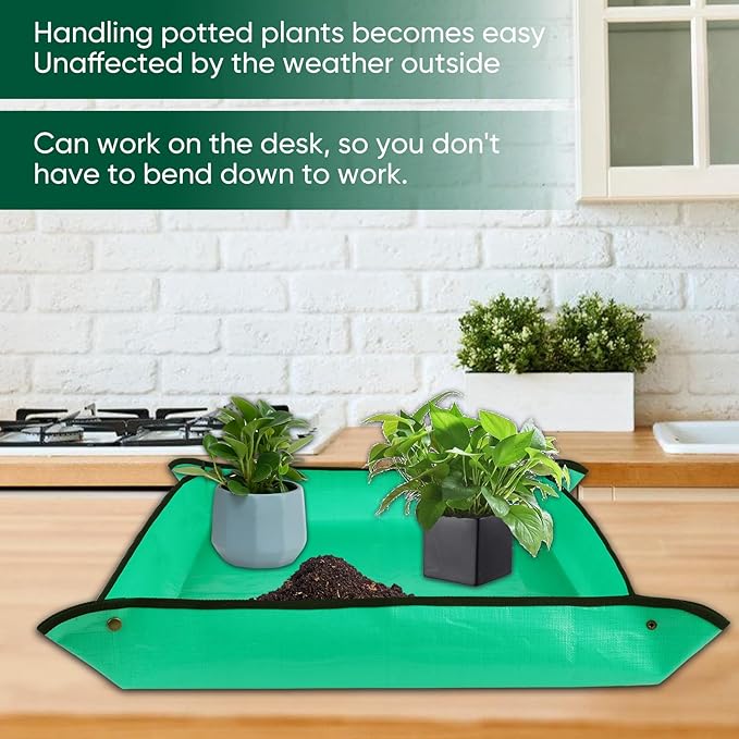 Repotting Mat for Indoor Plant Transplanting - 39.5'' x 31.5'' Planting Mat Soil Mess Control, Portable Succulent Planting Potting Tray Waterproof Gardening Tools (Pale Green)