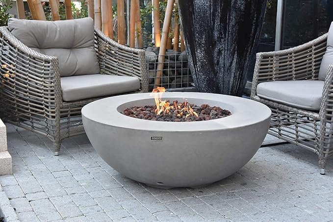 Elementi | Lunar Gas Fire Pit Cast Concrete 42" Round Fire Table, Outdoor Fire Pit Electronic Ignition | Canvas Cover, Lava Rock Included | Light Gray (Propane Gas)