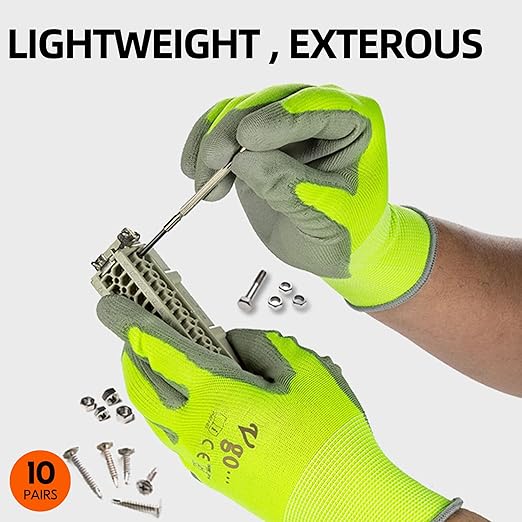 Vgo... 10-Pairs Safety Work Gloves, Gardening Gloves, Polyurethane Coated, Dipping Gloves, Latex Free (Size L, Yellow, PU2103)