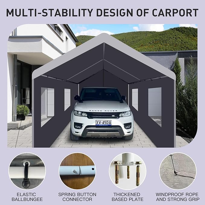 Carport 10x20 Ft Heavy Dut Car Port Canopy, Portable Garage Shelter Car Tents Carpas para Carros All Weather for Automobiles Truck Boat (Light Gray)