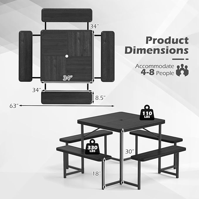 Tangkula 8 Person Picnic Table, HDPE Outdoor Square Table and Bench Set with 4 Built-in Benches, Umbrella Hole, Metal Frame for Garden Yard Patio Lawn