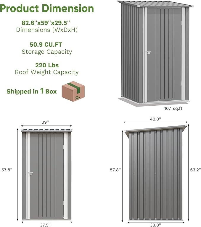 Greesum 3×3FT Outdoor Storage Shed, Metal Patio Storaged Sheds with Lockable Doors, Sheds & Outdoor Storage for Backyard, Pool and Garden, Gray