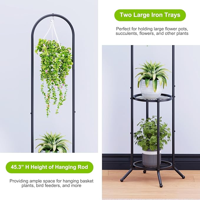 2-tier Hanging Plant Stand Plant Hanger Indoor Outdoor Corner Plant Stands for Indoor Plants, Space-Saving Iron Planter Shelves, Multiple Flower Pot Display Holder Shelf with Hanging Hook, Indoor Outdoor Heavy Duty Planter Shelving Unit (n-style,Black)