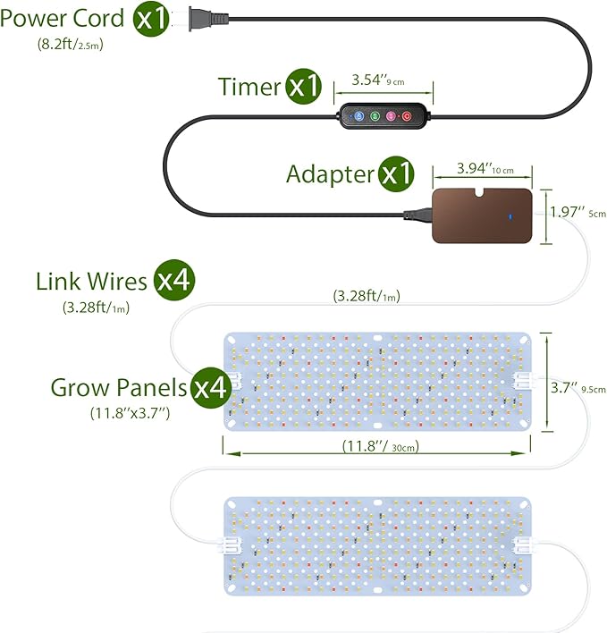 Full Spectrum Grow Lights, 36W(Actual Power) Plant Grow Lights for Indoor Plants with Daisy Chain Function, Sunlike Spectrum,768 LEDs and 4/8/12/16/20H Timer for Seed Starting(Pack4)
