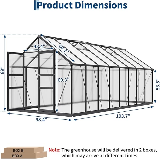 Greenhouses, 8×16 FT Greenhouse, Easy Assembly Aluminum Polycarbonate Greenhouses for Outdoors with Roof Vent, Large Aluminum Walk-in Greenhouse for Patio, Backyard, Garden, Lockable Hinged Door
