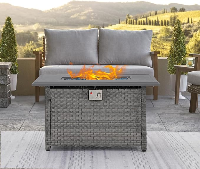 SUNSITT Outdoor Fire Pit Table 43 Inch Wicker Propane Fire Pit with Aluminum Tabletop 50,000 BTU Gas Firepit with Fire Glass, Lid, Cover, Taupe Rattan