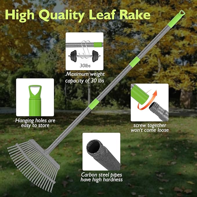 GARDENWORK Rake for Leaves,11&25 Tines Rakes for Lawns,73" Adjustable Garden Rake,Metal Leaf Rakes for Picking Leaves Yard Women Kids Cleanup Grass,Debris,Pine Needles Pick