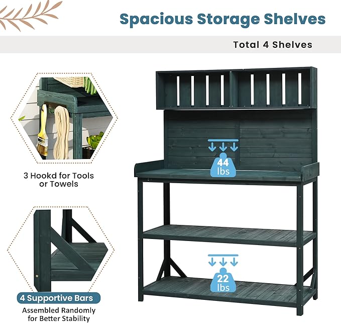 Merax 65" Large Wooden Farmhouse Rustic Outdoor Potting Bench Table with 4 Storage Shelves and Side Hook, Patio Workstation, for Garden, Backyard, Forest Green