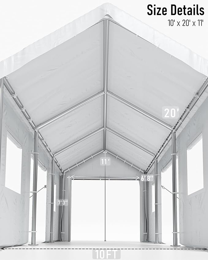 13 x 20 x11 Ft Heavy-Duty Carport, Portable Garage, 180g PE Waterproof Canopy and 8 x 1.0 mm Poles for Full-Size Pickup Trucks, Boats, and SUVs - White