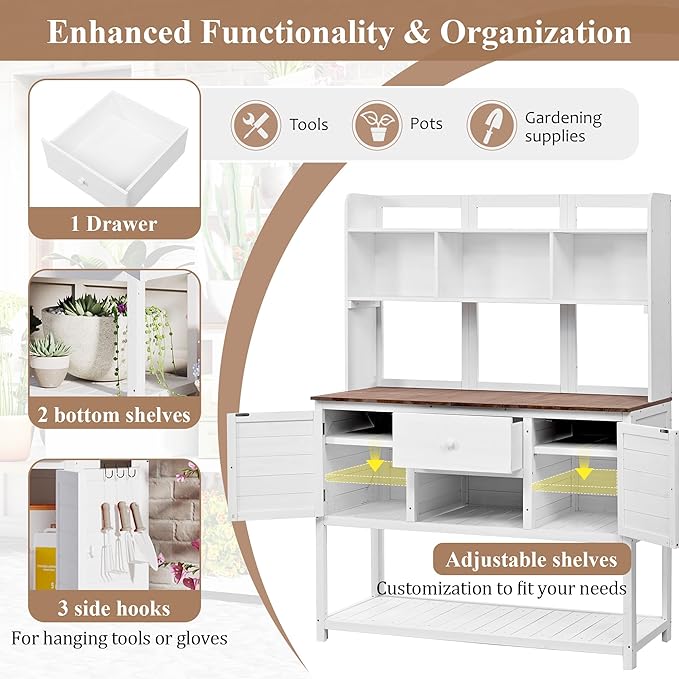 Outdoor Wooden Potting Bench Table β Farmhouse Garden Workstation with Drawers, Cabinet & Storage Shelves, Large Fir Wood Work Table for Patio, Backyard, Mudroom, Greenhouse (White & Brown, 66'' H)