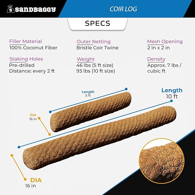 Sandbaggy Coir Fiber Log – 16" Diameter | 100% Biodegradable Erosion Control - Coconut Fiber - Slope Erosion (16" x 10 ft, 5, Count)