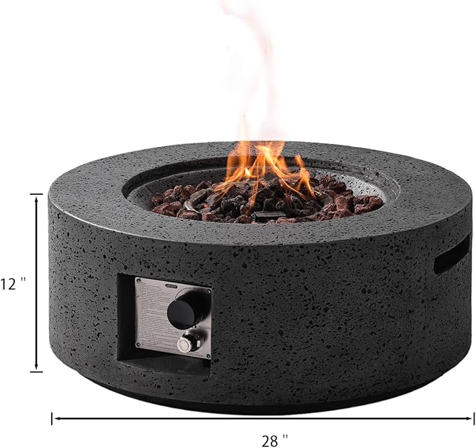 SUNBURY Outdoor Fire Pit, 28" Round Propane Gas Patio Fire Table 40,000 BTU Concrete Travertine Design, CSA Certified, Circular Base Small Firepit with Lava Rocks, Waterproof Cover (Grey)