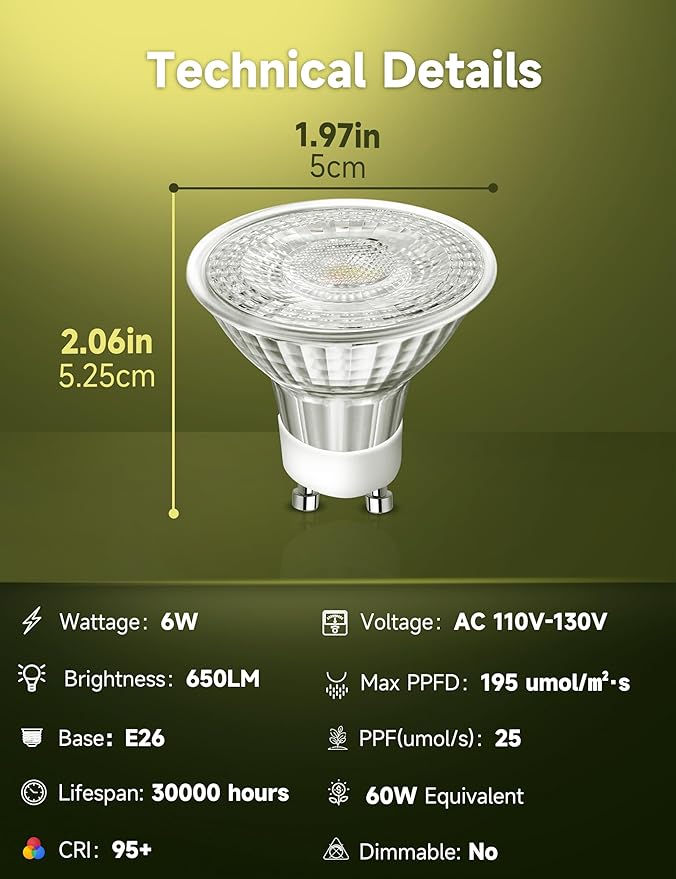 6W LED GU10 Grow Light Bulb, Natural White 4000K Full Spectrum Plant Light for Indoor Plants, E26 Base, 6 Pack