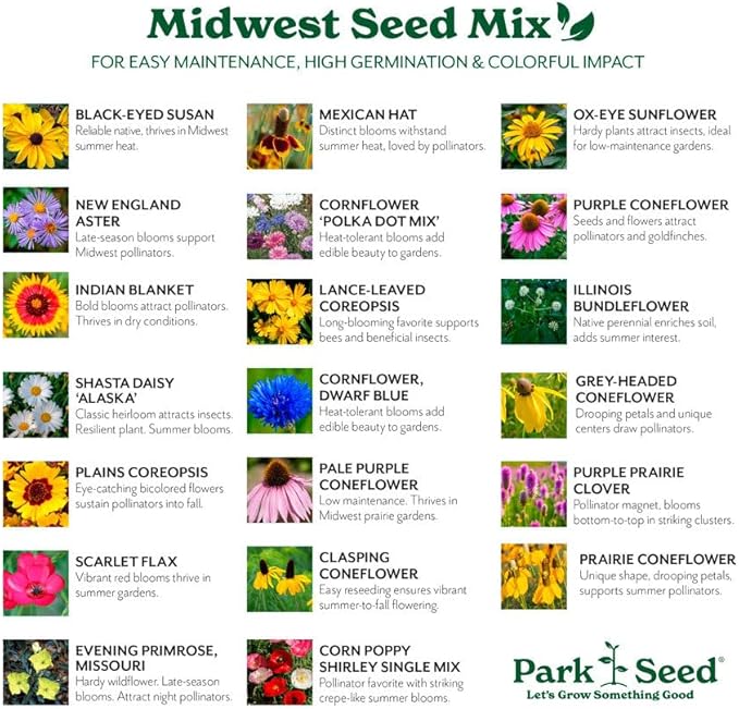Park Seed Grow Your Own Vibrant Annual and Perennial Wildflower Garden Seeds Mixture, Easy to Grow Varieties for Pollinators and Spring Gardens - Midwest Regional Mix, 10 lbs