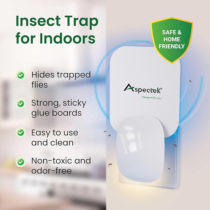 Aspectek Sticky Fly Insect Trap for Indoor, Plug-in Blue Light Bug Control with 12 Packs of Sticky Glue Pads, Night Light UV Attractant Catcher for Home,White (2 Pack)